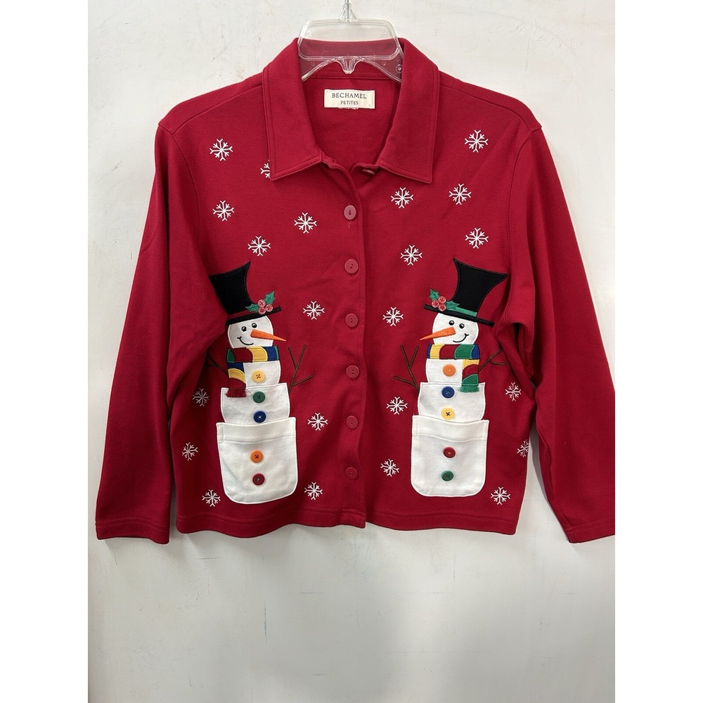 Bechamel Womens Red Snowman Button‎ Up Cardigan Sweater Sz S 100% Cotton Granny